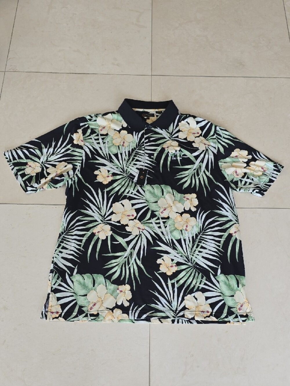 NWT Black Floral Tropical Polo with Green Leaf Print
